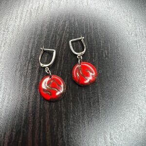 Vintage Sterling Silver Red Enamel Dangle Earrings Leverback Drop Art Modernist